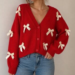 Luna Ivy Bow Cardigan Sweater Red Coquette Cottagecore Ribbon Knit Women's Small